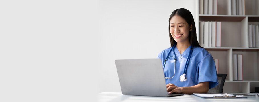 Female doctor consulting patient online from clinic office. Giving medical prescriptions by internet.