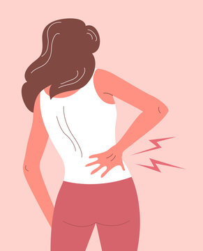 Young woman standing with acute back pain. Symptom of the disease. Body care and health. Flat vector illustration isolated on white background