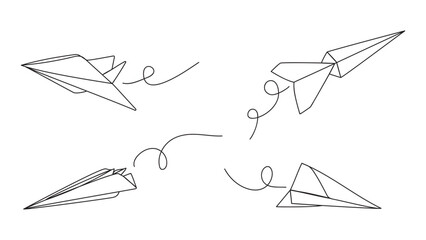Paper airplane set, continuous one line drawing, vector.