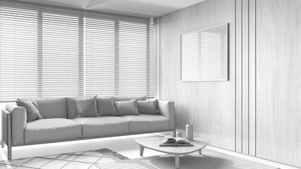 Naklejka na ściany i meble Total white project draft, japandi living room with wooden walls and frame mockup. Fabric sofa with pillows, carpets and decors. Minimal interior design