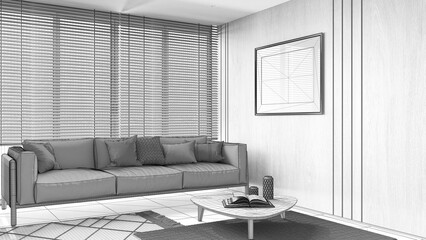 Blueprint unfinished project draft, japandi living room with wooden walls and frame mockup. Fabric sofa with pillows, carpets and decors. Minimal interior design