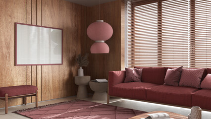 Frame mockup in home interior with decoration, wooden minimalist living room with sofa in red...