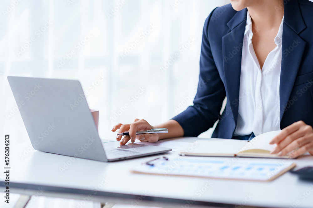 Poster businesswoman working using laptop computer to record and type data.