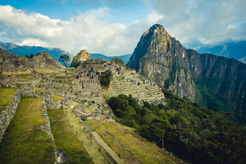 Machu Picchu Mountain Range, Sacred Valley Aerial Time Lapse at Peruvian Inca Citadel, Indigenous Archaeological Site