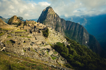 Natural Valley, Machu Picchu, Andean Mountain Peaks, Ruins, Terraces, Peru Inca Temple, Archeological Landmark in Latin America
