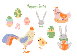 Obraz na płótnie Canvas Easter set with hens, rooster, chicken, eggs and rabbits . Vector illustration of colorful Easter elements.