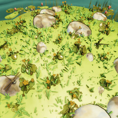 meadow with flowers near the pond - 3d render illustration