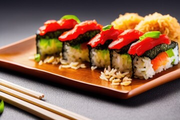 Delicious Sushi Roll with Fresh Seafood and Soy Sauce Dip - Japanese Cuisine Food Photography for Restaurants and Foodies