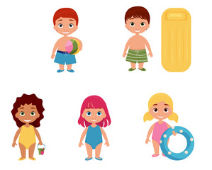 vector illustration of cartoon children on a beach holiday. illustrations on a white background. summer holidays and fun.
