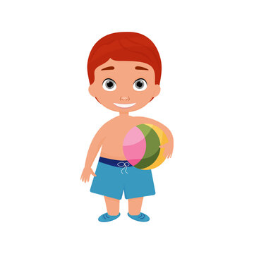 vector illustration of a cartoon boy on a beach holiday. illustrations on a white background. summer holidays and fun. a boy in swimming trunks and with a ball.