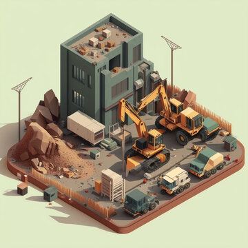  isometric illustration of a construction site with heavy machinery