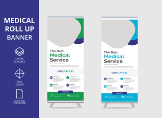 Medical roll up banner vector template design or poll up standee for healthcare hospital.