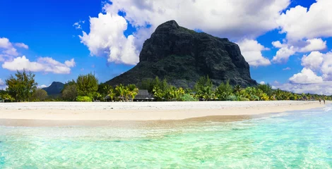 Poster Dream exotic island. tropical paradise. Best beaches of Mauritius island - Le Morne with iconic huge rock. © Freesurf