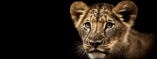Obraz premium Close up, a head of a baby lion wildcat cub, on black background. Image of cat created with generative ai