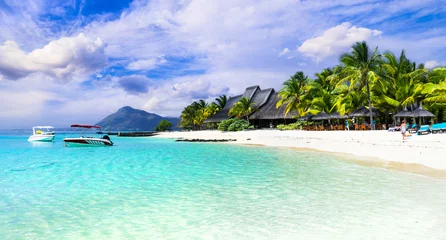 Poster Dream exotic island. tropical paradise. Best beaches of Mauritius island, luxury resorts of Le Morne. © Freesurf