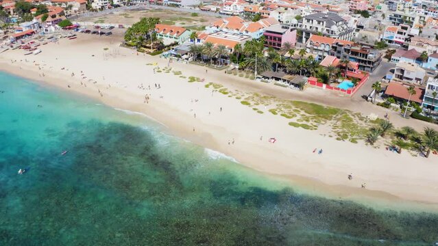 Aerial view of Santa Maria, Sal Island, Cape Verde (Cabo Verde). Drone footage.