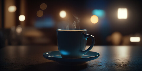 Obraz premium Close-up image of a blue cup of hot latte or americano coffee at a sidewalk café at night