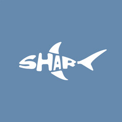 Shark vector illustration, fish, shark is written in text, shark consists of letters, shark is drawn in word.
