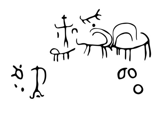 Vector illustration of rock paintings of people and cattle. Prehistoric rock petroglyphs discovered on the territory of Armenia