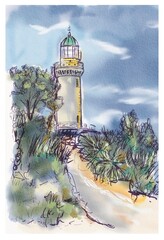 Dornbusch Lighthouse in the north of the German island of Hiddensee in Mecklenburg-Vorpommern on the Baltic Sea coast, watercolor sketch illustration from photo, digital art.