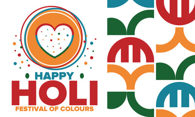 Happy Holi. Festival of Colours. Phagwah. Annual Hindu Spring Festival. Celebrated in India and Nepal and other Asia. Beautiful poster design with heart. Vector illustration