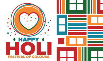 Happy Holi. Festival of Colours. Phagwah. Annual Hindu Spring Festival. Celebrated in India and Nepal and other Asia. Beautiful poster design with heart. Vector illustration