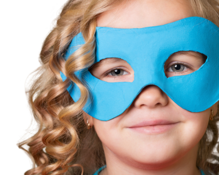 Little child Superhero. In mask and cloak