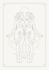 Gemini woman zodiac line art deco symbol astrology horoscope poster design vector illustration