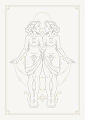 Gemini woman zodiac line art deco symbol astrology horoscope poster design vector illustration