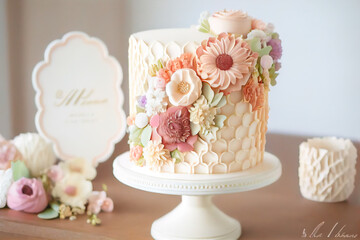 Wedding Flower Cake - Classic and Beautiful Wedding Cake - Decorated with White Roses and Delicate Flowers - ai generated