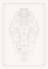 Leo woman zodiac symbol antique goddess character with mane line art deco poster design vector