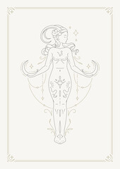 Capricorn woman antique goddess zodiac horoscope astrology symbol line art deco poster design vector