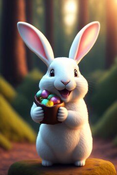 A cute easter bunny is holding a little basket full of colorful easter eggs.