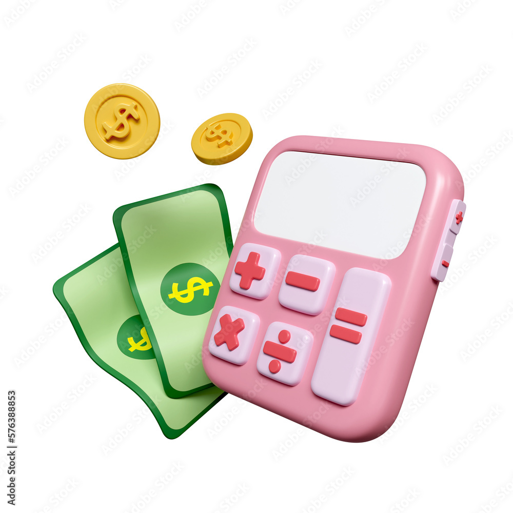 Poster 3d cartoon calculator with floating coin and bank note. financial calculation of money. tax time. cr