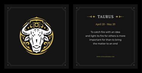 Taurus zodiac horned bull vintage card description black design template set vector illustration