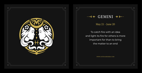 Gemini zodiac horoscope description data black vintage card set design template vector illustration