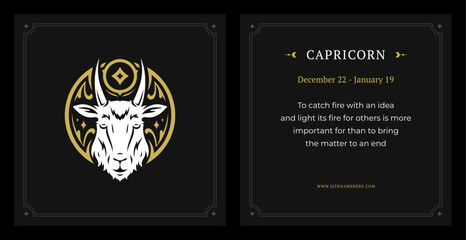 Fototapeta na wymiar Capricorn zodiac astrology lunar calendar data black vintage card design template set vector