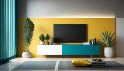 Modern Living room two tone Tv wall, pastel colors interior design