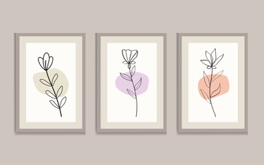Flat design colorful wall art illustration set. Botanical flowers wall art, Line art, Minimalist Vector.
