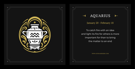 Aquarius zodiac horoscope astrological calendar description vintage card design template set vector