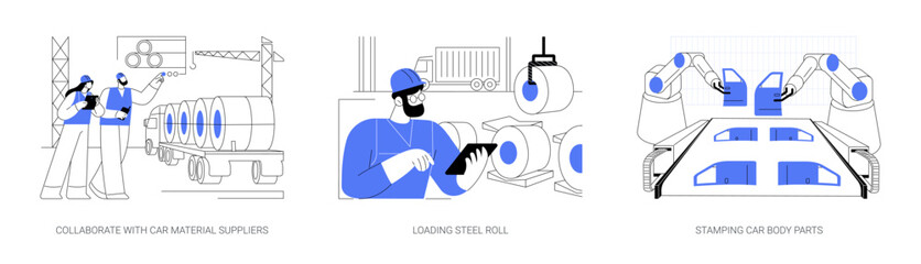 Press shop in automotive industry abstract concept vector illustrations.