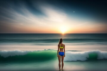 Female model is looking into the wide sea on a beautiful travel location.