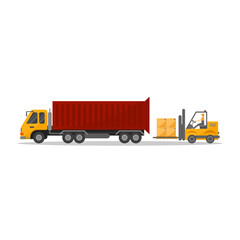 Truck and forklift logistics, working model, loading, packing goods, moving to the designated point. White background.