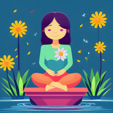 M&auml;dchen sitzt zwischen Blumen, freut sich des Lebens und ist gl&uuml;cklich - Konzept: In the Garden - mit generative Ai erstellte digitale Illustration