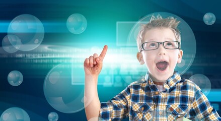 Child posing on background with digital hologram