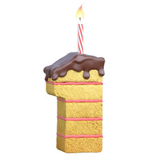 Layered birthday cake with lit candle font 3d rendering number 1