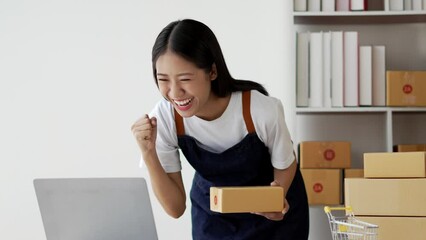 Starting small businesses SME owners female entrepreneurs check online orders to prepare to pack the boxes, sell to customers, sme business ideas online.