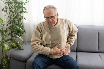 Elderly men have abdominal pain sitting on the sofa in the house. Concept Problems of the digestive tract in older people, health care. - obrazy, fototapety, plakaty