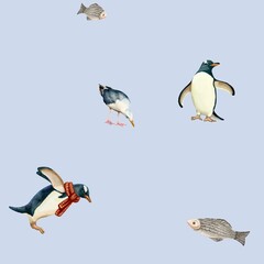 Seamless pattern with penguins, seagull and fish. High quality illustration