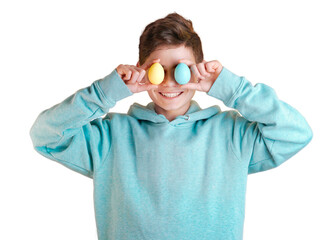 happy cute boy holding colorful easter eggs in front of her eyes. Banner for celebrating the joy of spring and the holiday season, Easter themed projects and designs. Copy space for text, PNG isolated